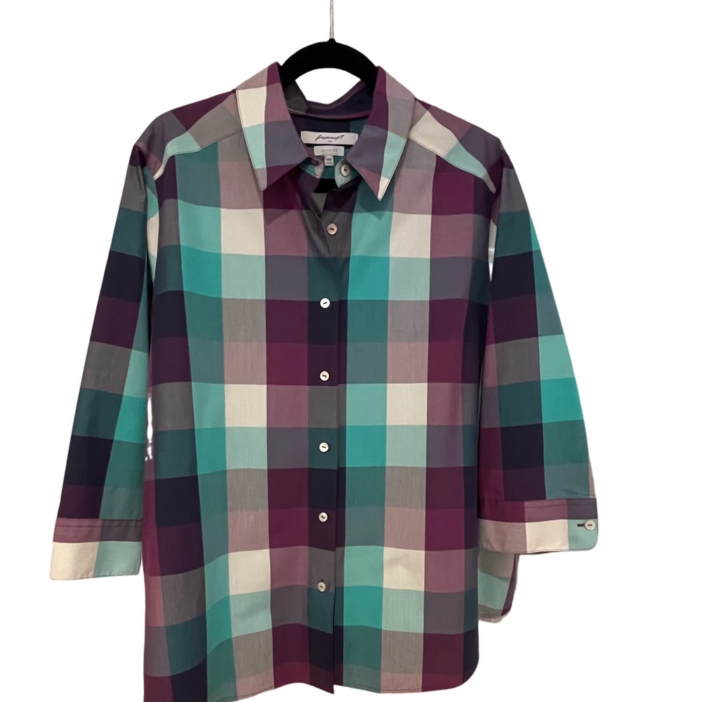 FOXCROFT PLUS 18W WRINKLE FREE SHAPED FIT 3/4 SLEEVE BUTTON FRONT TOP, EX. COND.